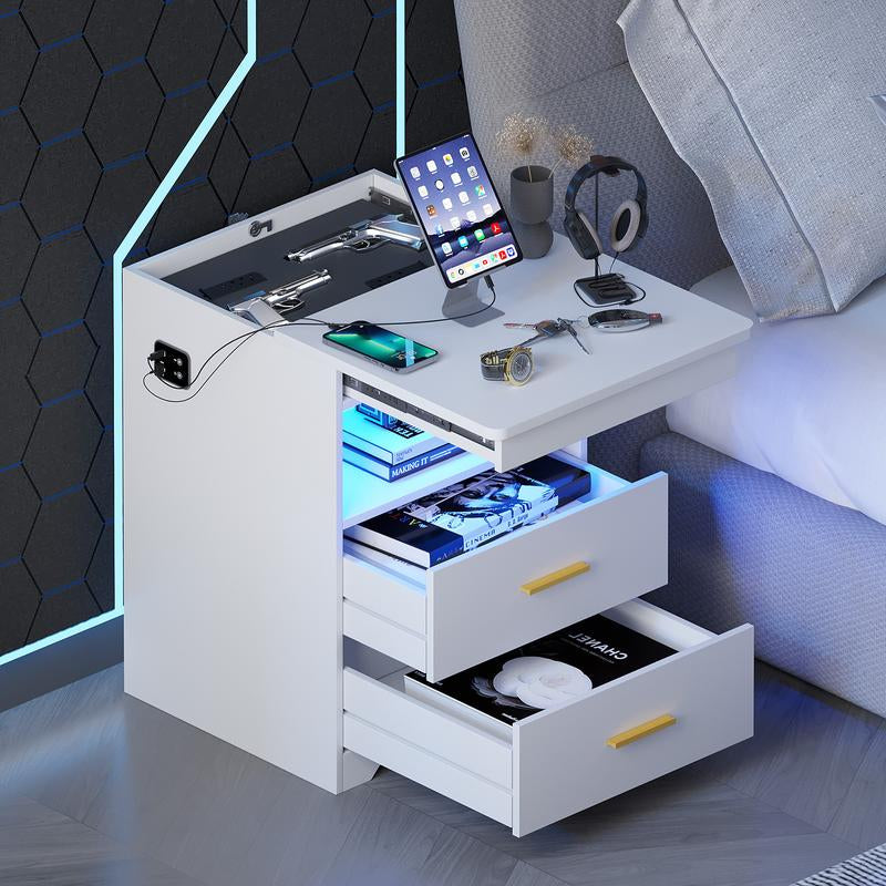 Modern Nightstand with USB & Type-C Ports, LED Lighting
