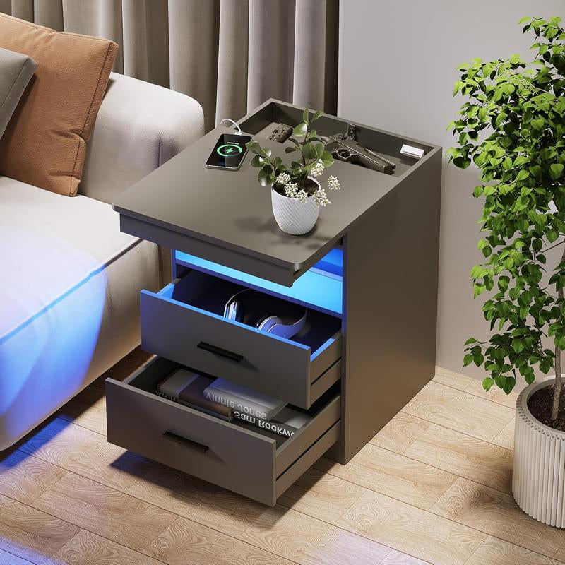 Modern Nightstand with USB & Type-C Ports, LED Lighting