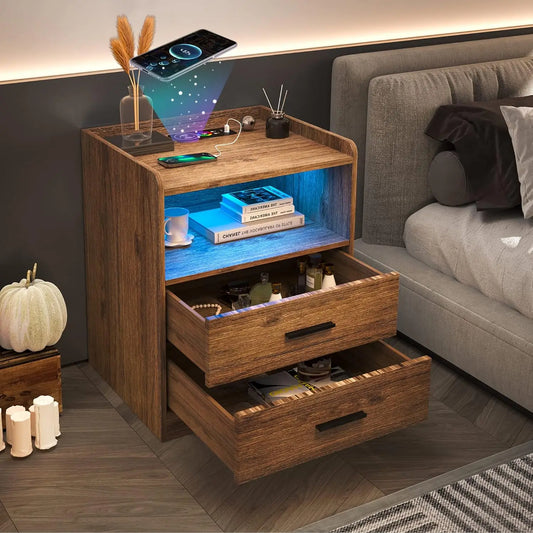 Modern Nightstand with USB & Type-C Ports, LED Lighting