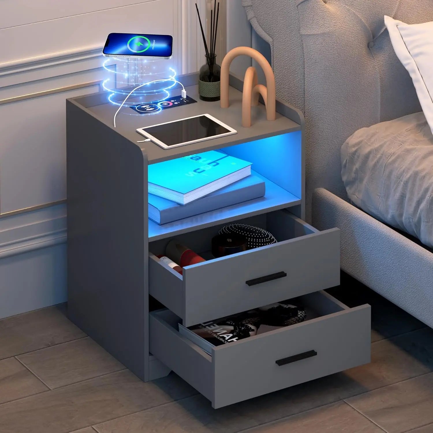 Modern Nightstand with USB & Type-C Ports, LED Lighting
