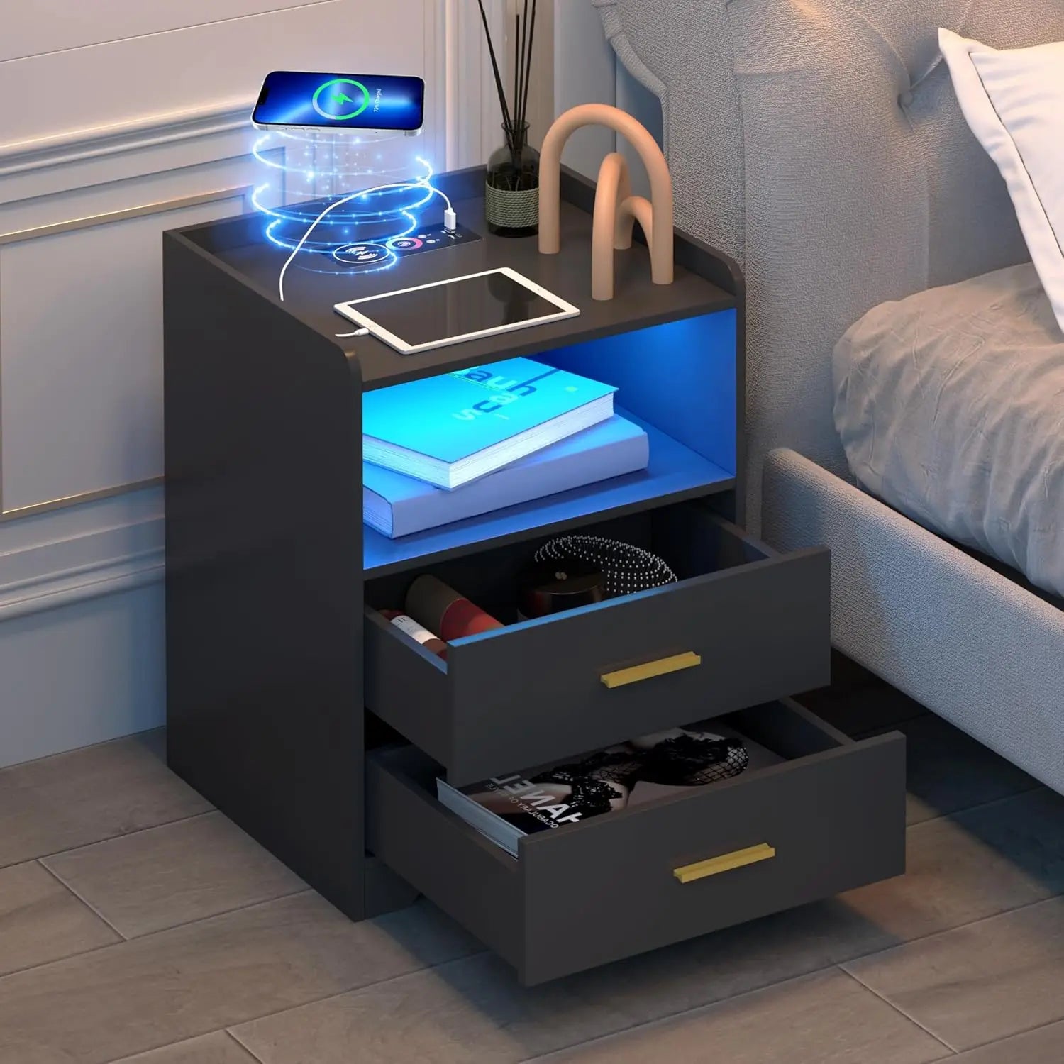 Modern Nightstand with USB & Type-C Ports, LED Lighting