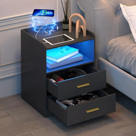 Modern Nightstand with USB & Type-C Ports, LED Lighting