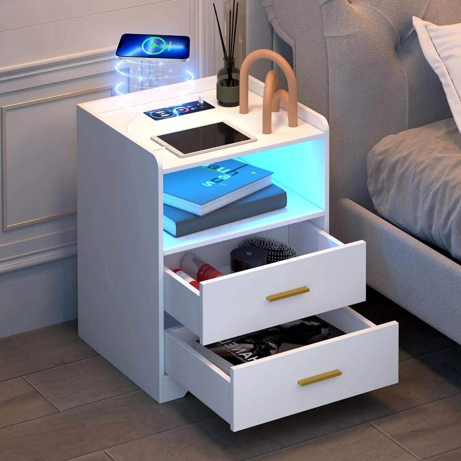 Modern Nightstand with USB & Type-C Ports, LED Lighting